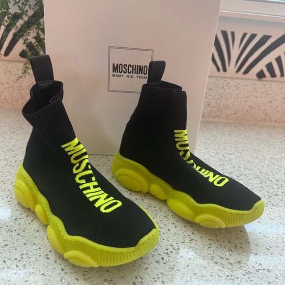 Kids SlipOn Moschino Sneakers, Size 30/12.5 w/Original Box, Black/Neon Yellow - Picture 2 of 6